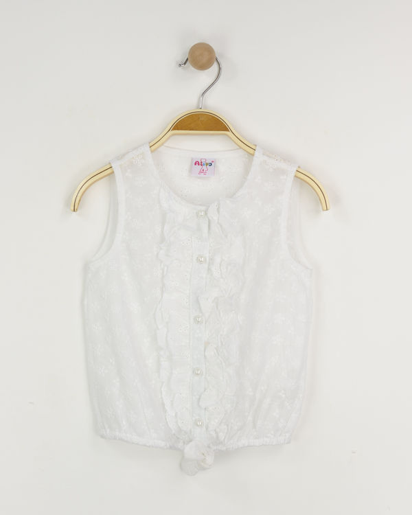 Picture of PT2407 GIRLS SLEEVELESS SHIRT WITH FRILL & EMBRODERY FLOWERS